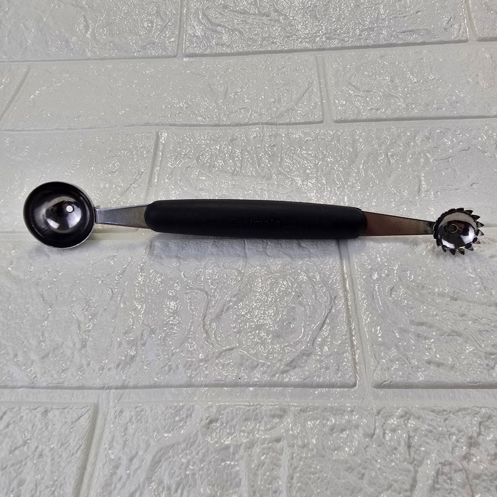 Chefmate Dual Sided Melon Baller Fruit Scooper Tool Black Silver Stainless Steel